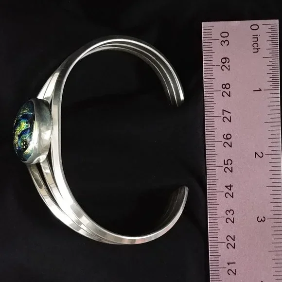 Jaw-Dropping Triple Strand Heavy Gauge 925 Silver Dichroic RULA GLASS Bracelet - Picture 8 of 9